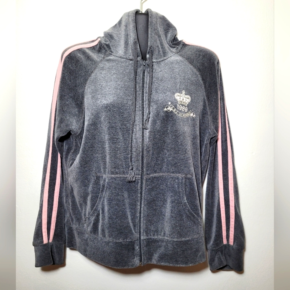Gray Velour Hoodie Pink Trim Full Zip Juniors XL l.e.i.